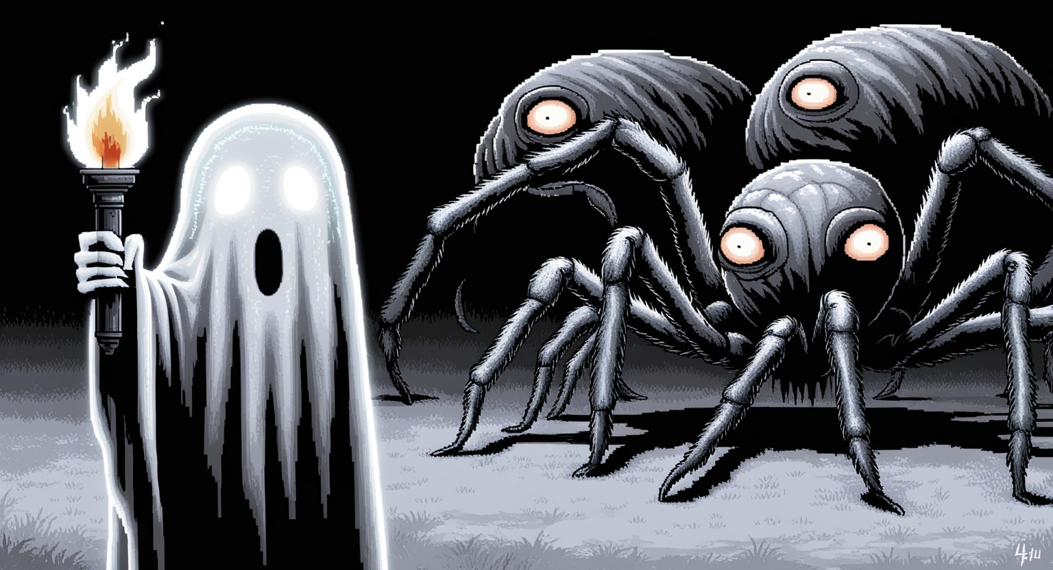 Ghost with a torch, surrounded by spider-like monsters